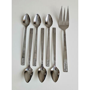 Customcraft Set of 6 Iced Tea Spoons & Serving Fork Stainless Flatware Floral